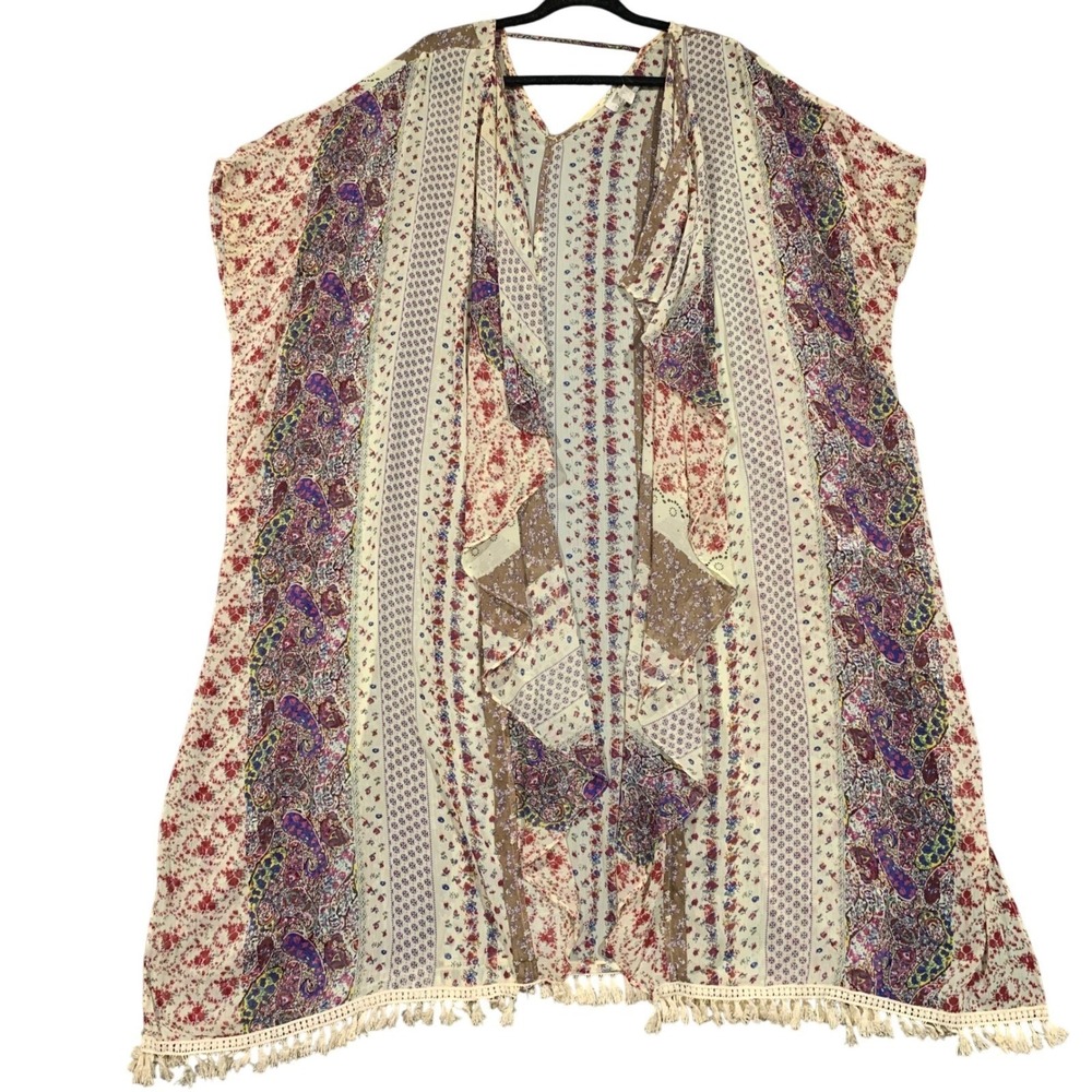 Blu Heaven Floral Print Boho Tassel Trim Kimono‎ Duster Cover Up Womens Large